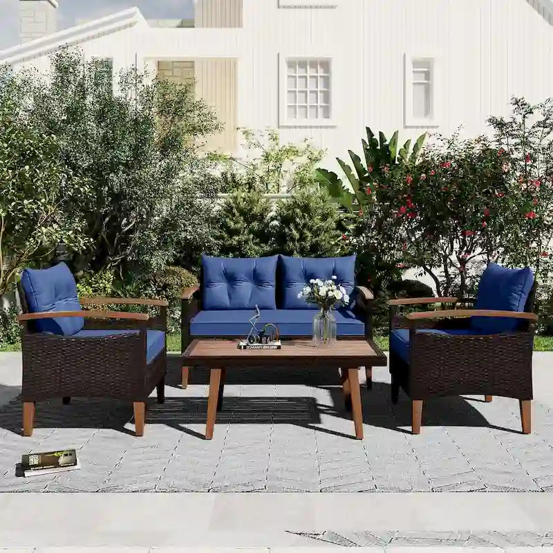 Blue Functional 4-Piece Garden Furniture Patio Seating Set with Thick Pillows