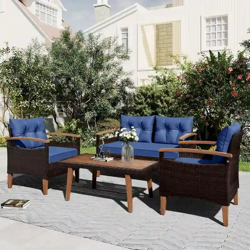 Blue Functional 4-Piece Garden Furniture Patio Seating Set with Thick Pillows
