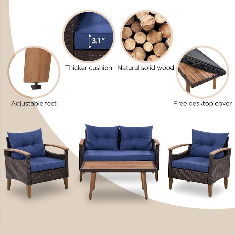 Blue Functional 4-Piece Garden Furniture Patio Seating Set with Thick Pillows