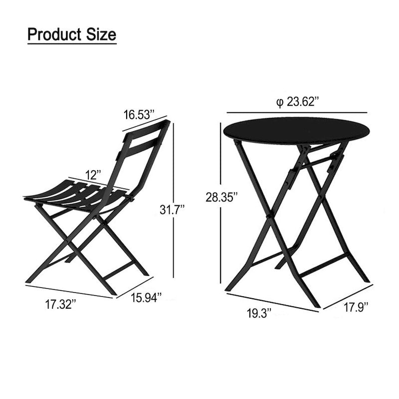 3 Piece Metal Patio Bistro Set with Foldable Round Table and Chairs - N/A