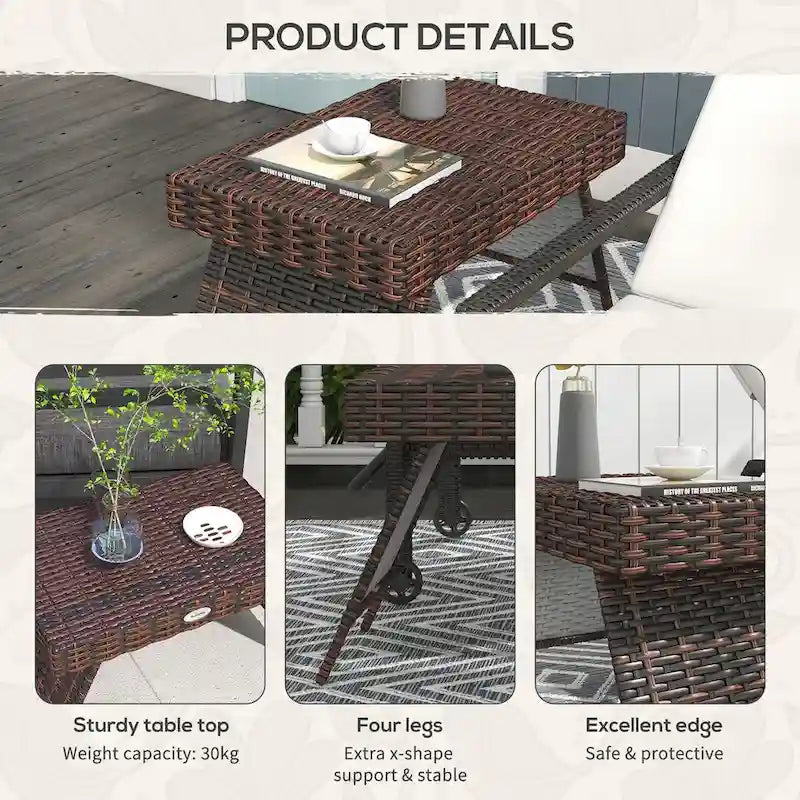 Folding Rattan Side Table, Outdoor End Table, Hand Woven PE Rattan Coffee Table for Balcony, Backyard, Garden, Lawn, Courtyard