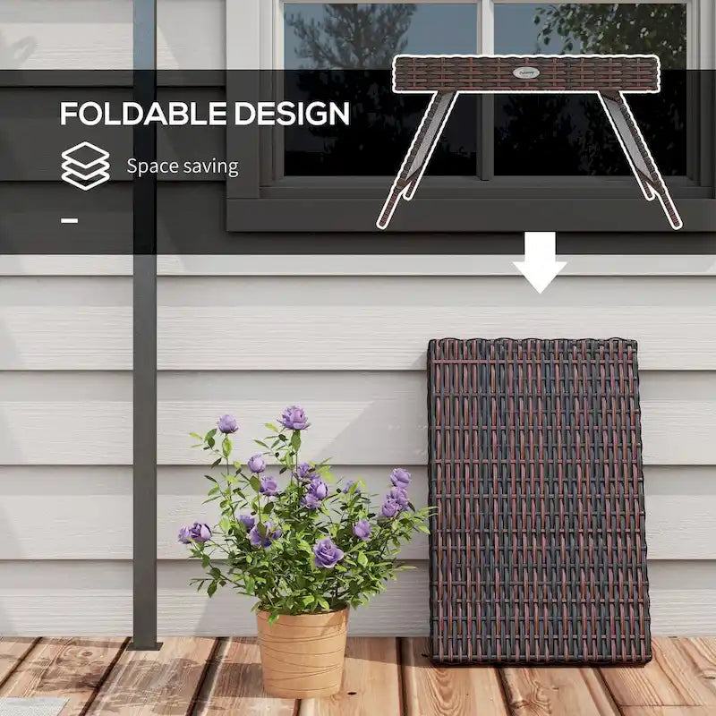 Folding Rattan Side Table, Outdoor End Table, Hand Woven PE Rattan Coffee Table for Balcony, Backyard, Garden, Lawn, Courtyard