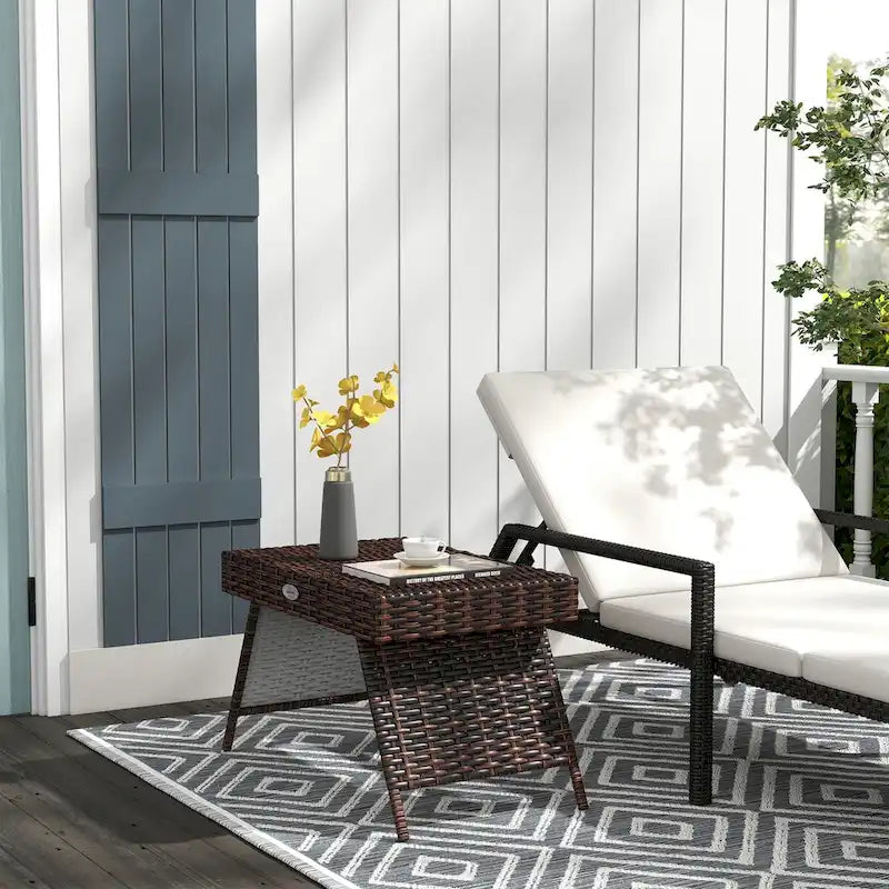 Folding Rattan Side Table, Outdoor End Table, Hand Woven PE Rattan Coffee Table for Balcony, Backyard, Garden, Lawn, Courtyard