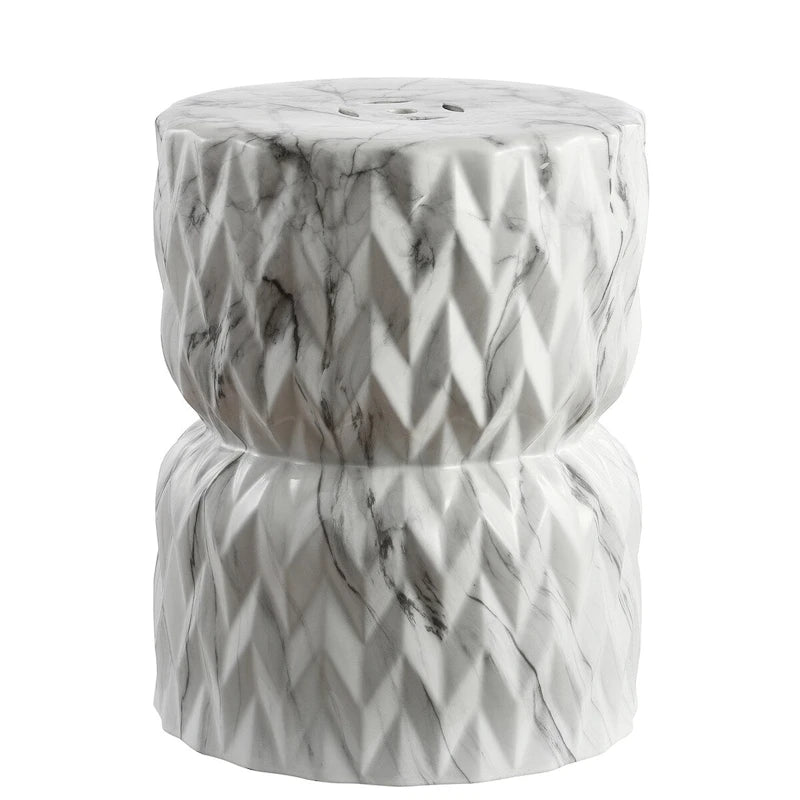Chevron Drum 17.5  White Marble Finish Ceramic Garden Stool