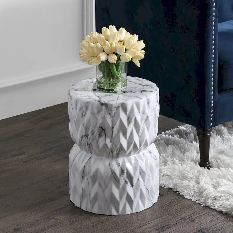 Chevron Drum 17.5  White Marble Finish Ceramic Garden Stool