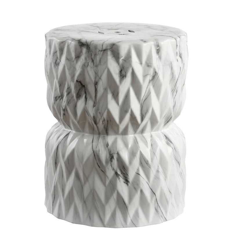 Chevron Drum 17.5  White Marble Finish Ceramic Garden Stool