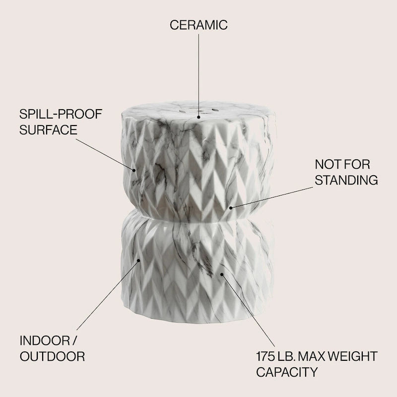 Chevron Drum 17.5  White Marble Finish Ceramic Garden Stool