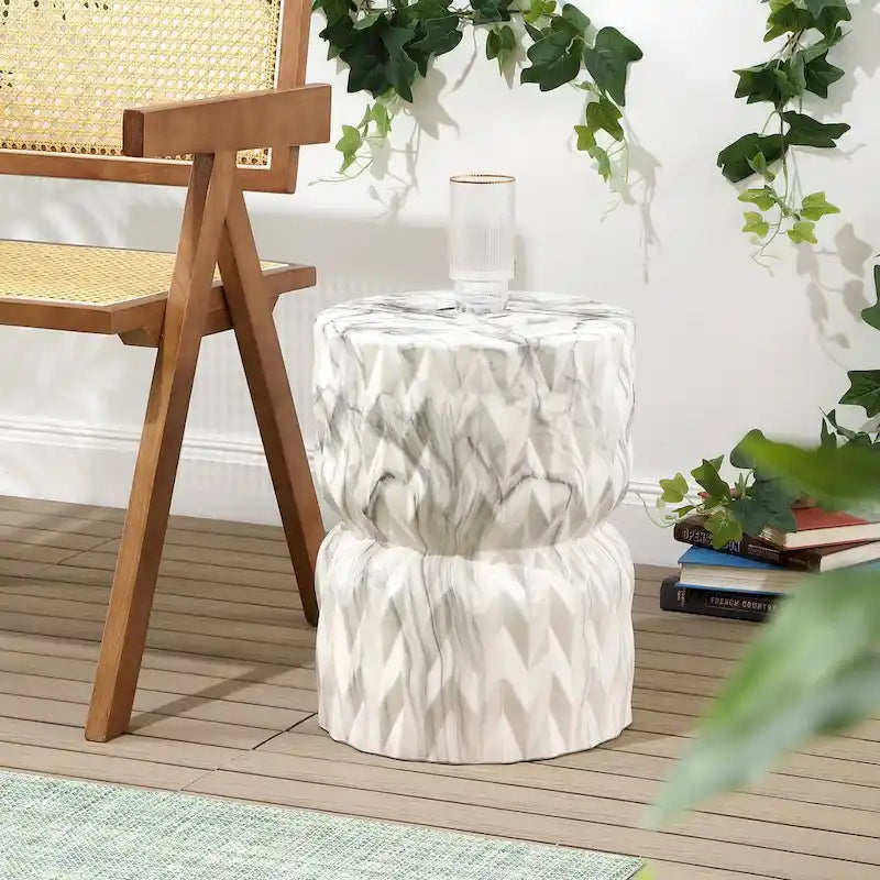 Chevron Drum 17.5  White Marble Finish Ceramic Garden Stool