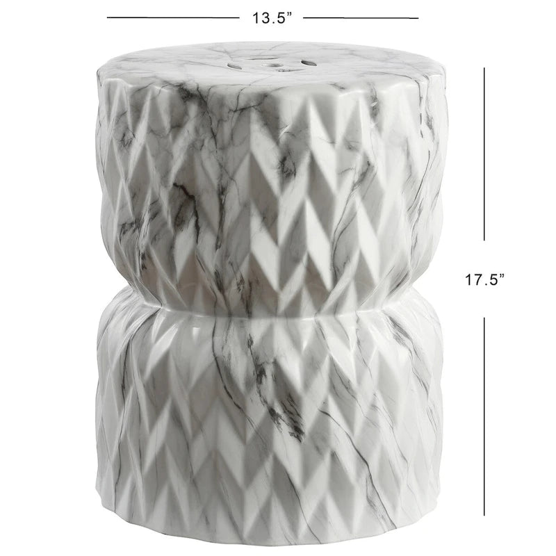 Chevron Drum 17.5  White Marble Finish Ceramic Garden Stool