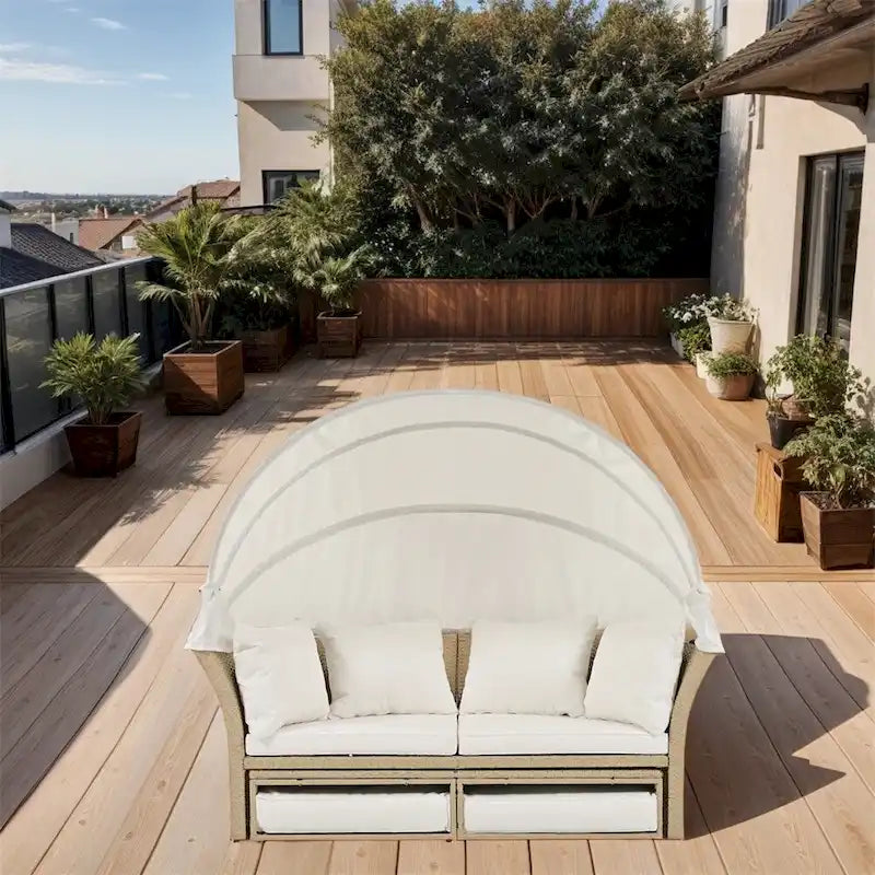 Patio Wicker Rattan Daybed Set with Retractable Canopy and Pillows