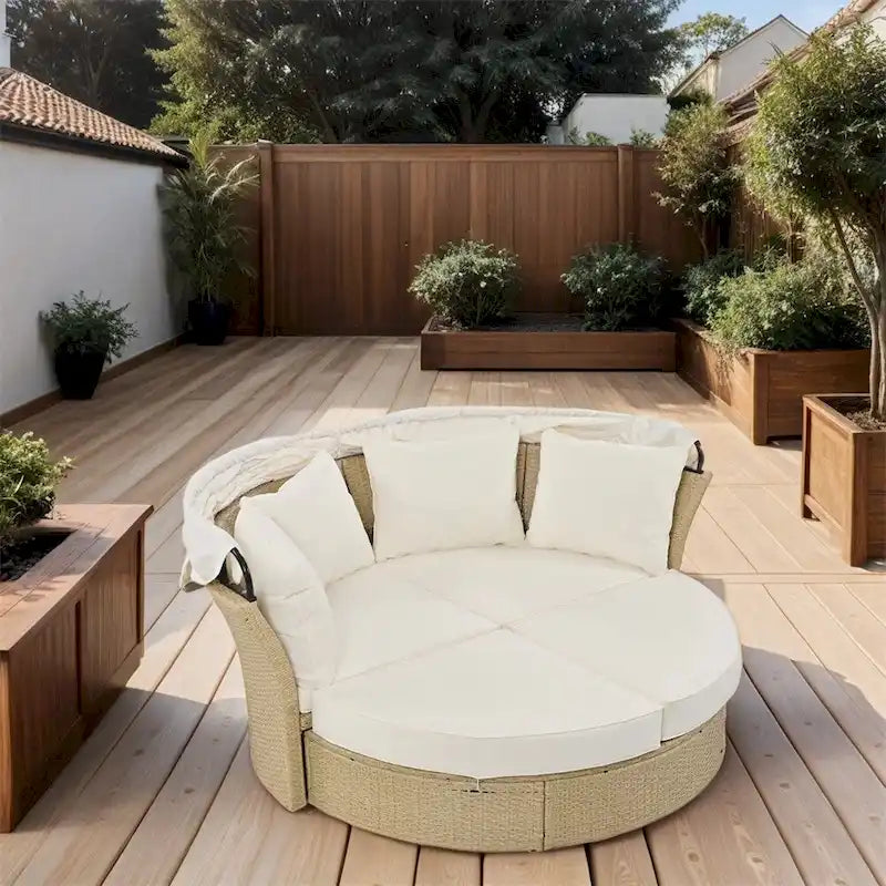 Patio Wicker Rattan Daybed Set with Retractable Canopy and Pillows