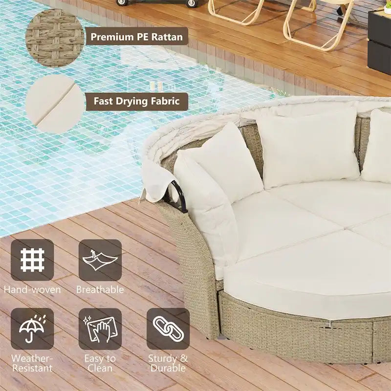 Patio Wicker Rattan Daybed Set with Retractable Canopy and Pillows
