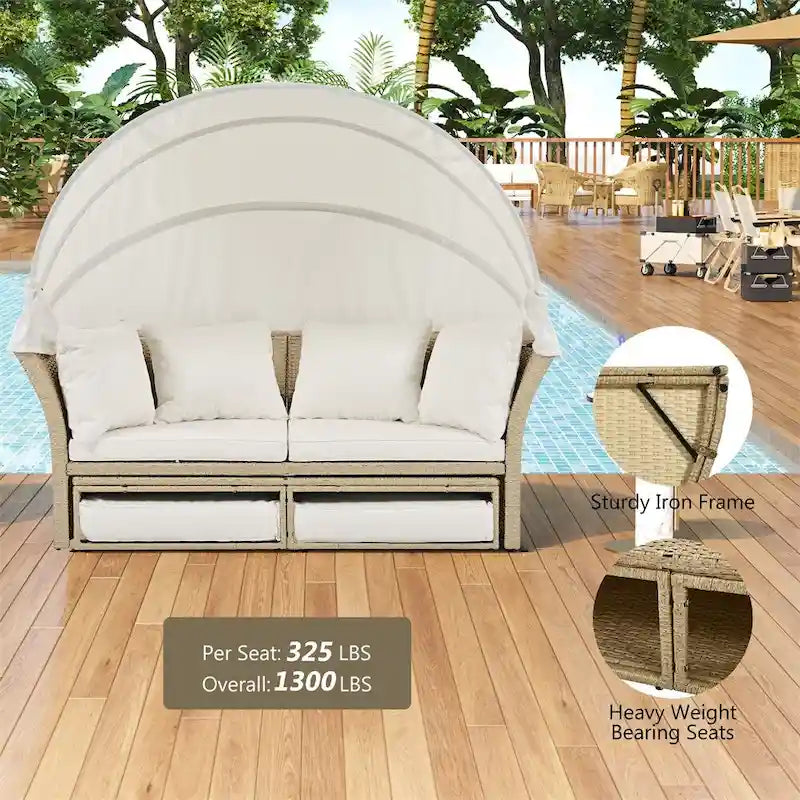 Patio Wicker Rattan Daybed Set with Retractable Canopy and Pillows