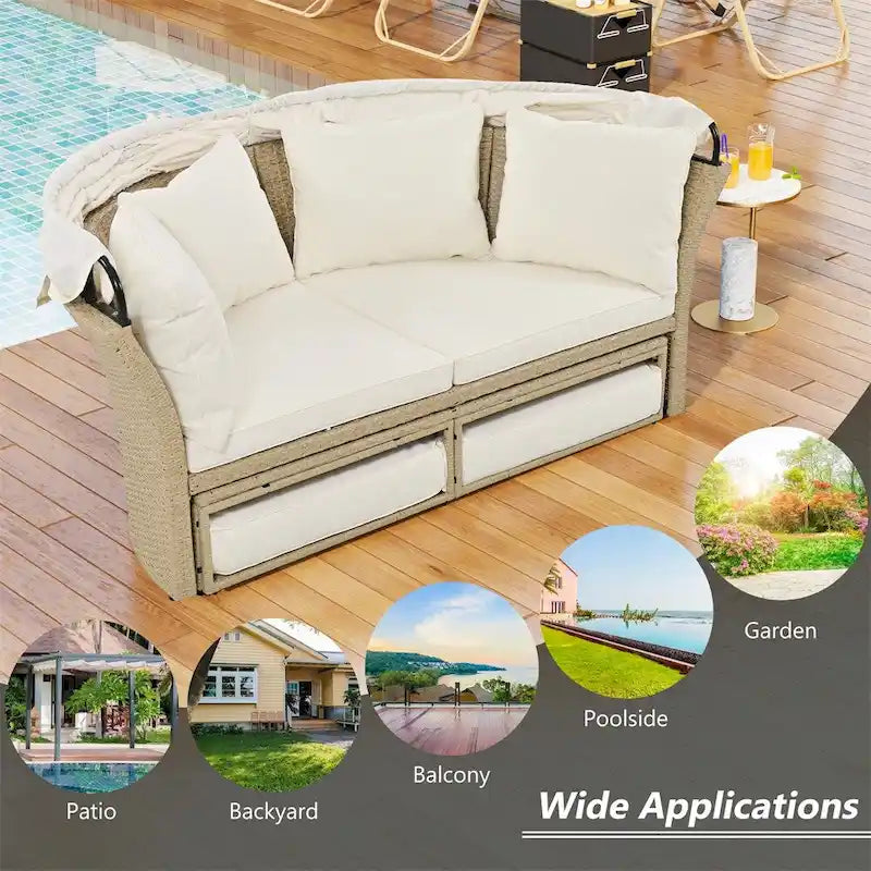 Patio Wicker Rattan Daybed Set with Retractable Canopy and Pillows