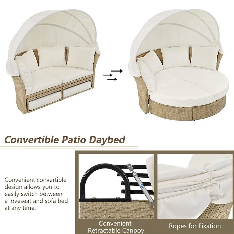 Patio Wicker Rattan Daybed Set with Retractable Canopy and Pillows