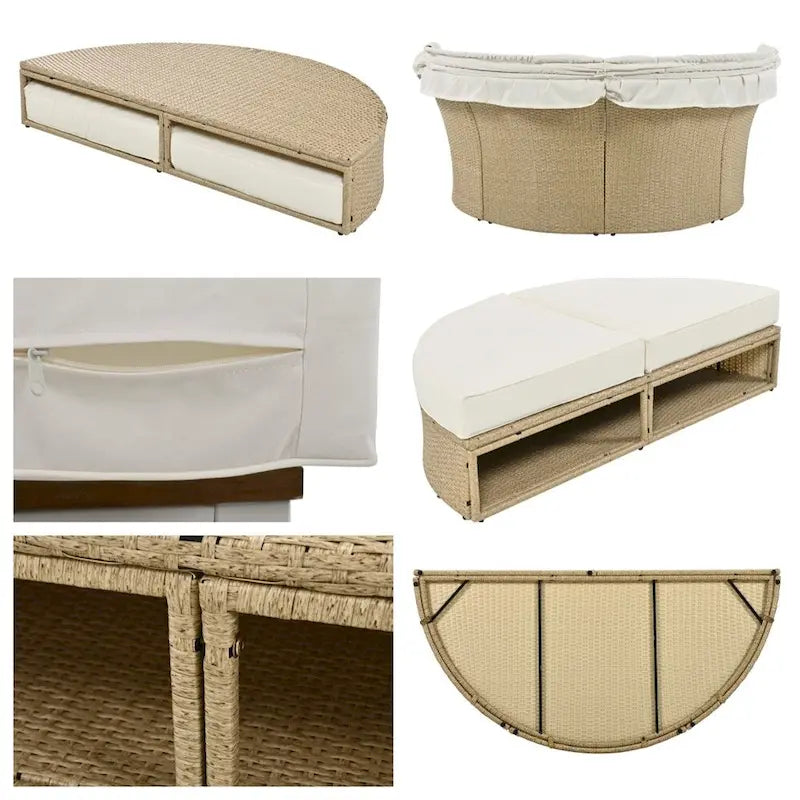 Patio Wicker Rattan Daybed Set with Retractable Canopy and Pillows