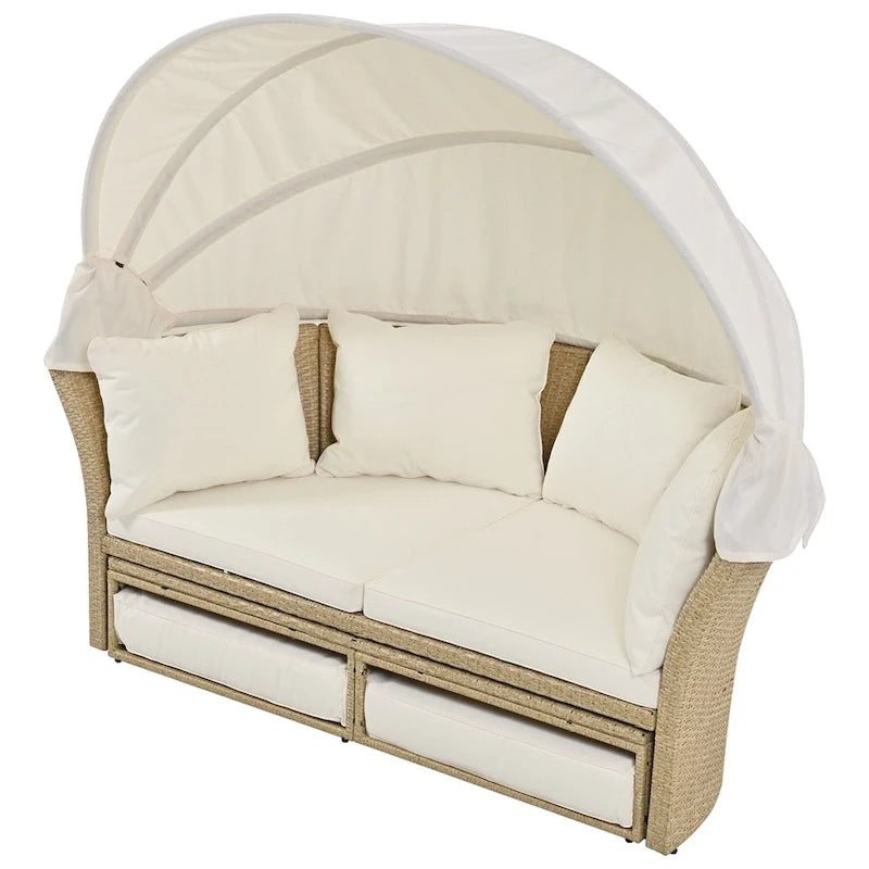 Patio Wicker Rattan Daybed Set with Retractable Canopy and Pillows