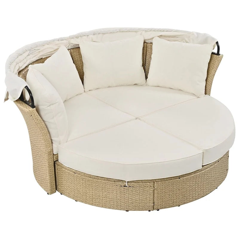Patio Wicker Rattan Daybed Set with Retractable Canopy and Pillows