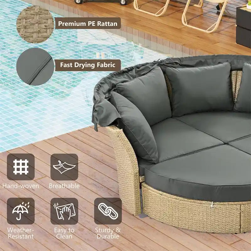 Patio Wicker Rattan Daybed Set with Retractable Canopy and Pillows