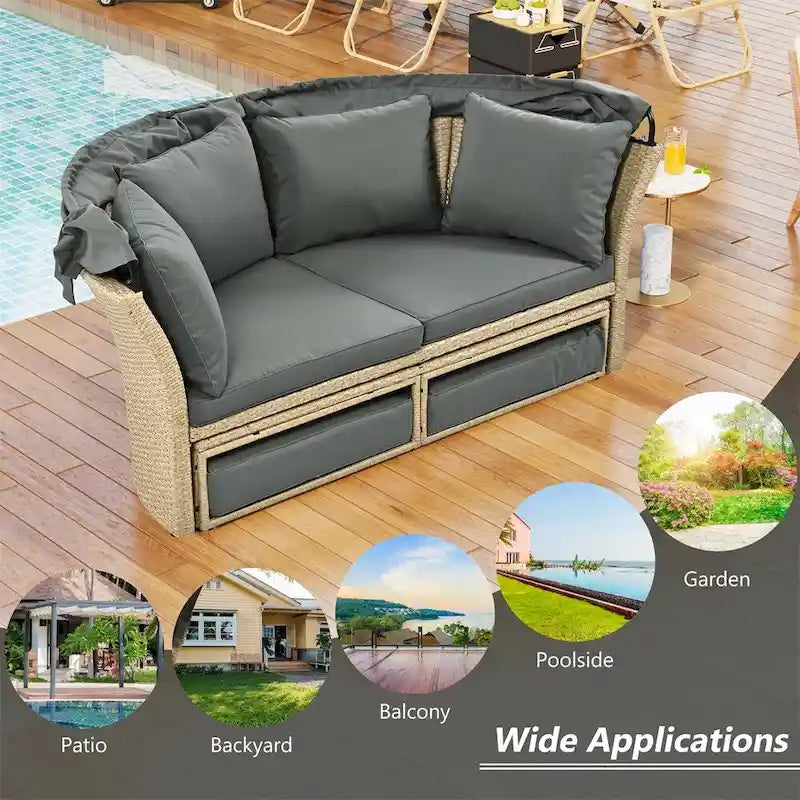 Patio Wicker Rattan Daybed Set with Retractable Canopy and Pillows
