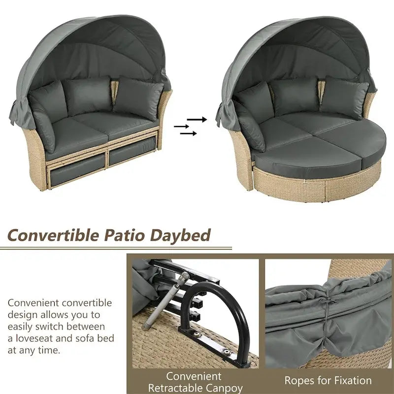 Patio Wicker Rattan Daybed Set with Retractable Canopy and Pillows