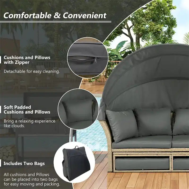 Patio Wicker Rattan Daybed Set with Retractable Canopy and Pillows