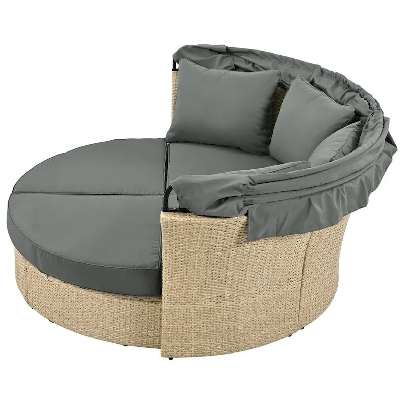 Patio Wicker Rattan Daybed Set with Retractable Canopy and Pillows