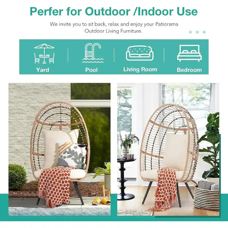 Egg Chair Outdoor, Patio Rotating Basket Chair, All-Weather Wicker Egg Lounger Chair for Outside Indoor