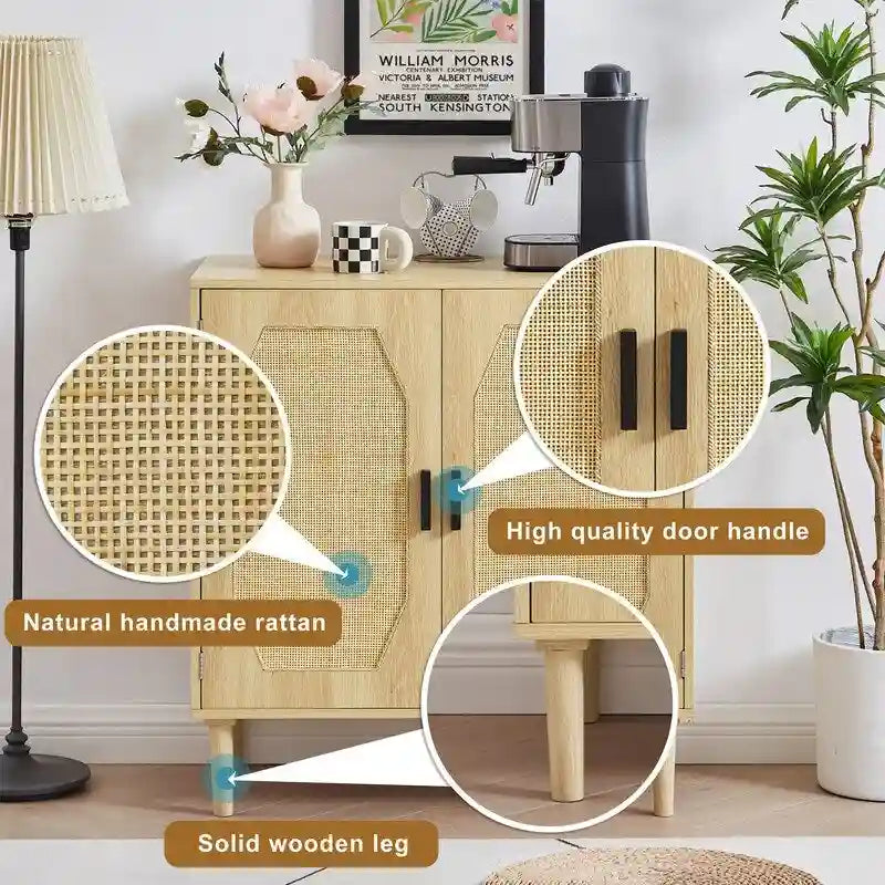 GEITIN Kitchen Sideboard Storage Cabinet with Rattan Decorative Doors