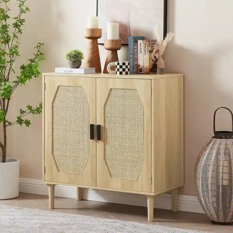 GEITIN Kitchen Sideboard Storage Cabinet with Rattan Decorative Doors
