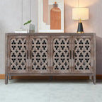 Hollow Four Door Storage Cabinet - Country Style Antique Pine Veneer MDF Sideboard with Adjustable Shelves