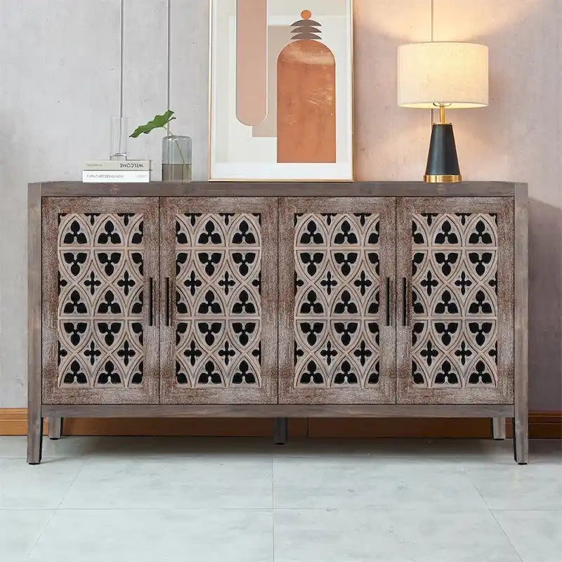 Hollow Four Door Storage Cabinet - Country Style Antique Pine Veneer MDF Sideboard with Adjustable Shelves