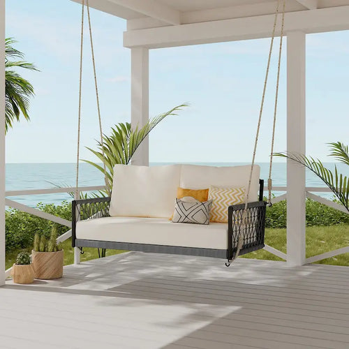 1-Piece Woven Rope Outdoor Swing Sofa with Soft Cushions Seating 2 for Patio, Courtyard and Balcony (Beige)