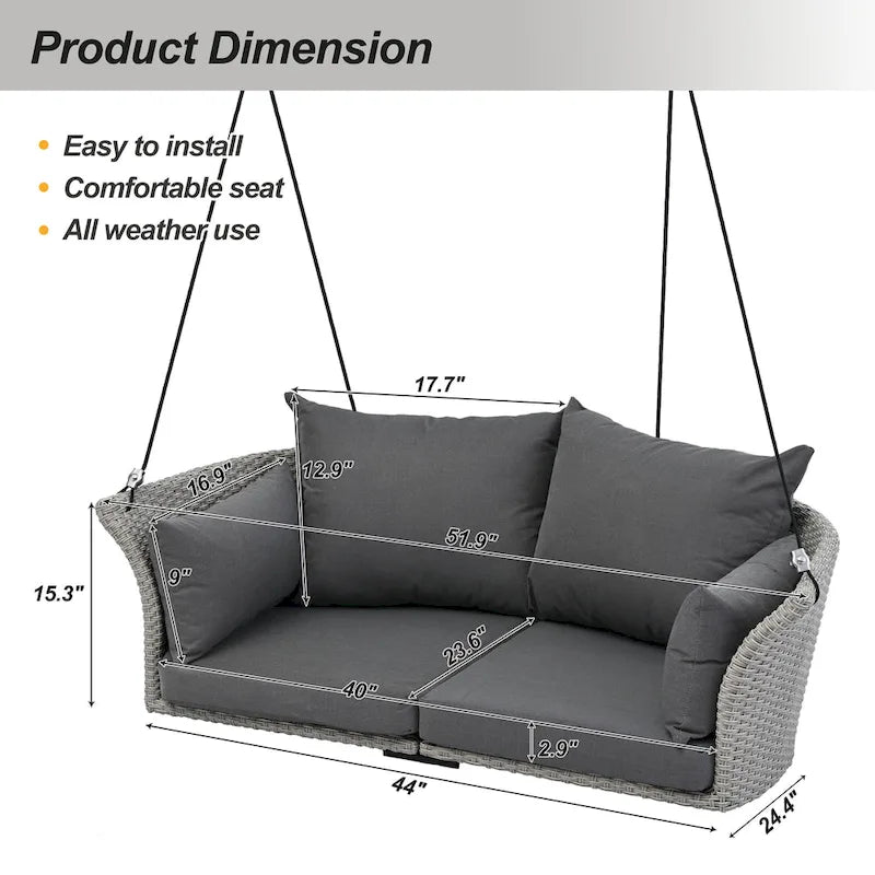 51.9  2-Person Wicker Swing Chair with cushions - N/A