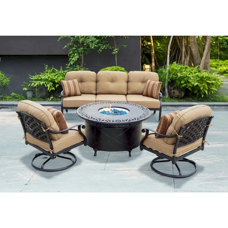 Nassau 4-Piece Patio Propane Fire Pit Sofa Set (with 2 Swivel Rocker Club Chairs) and 47  Round Fire Pit Chat Table