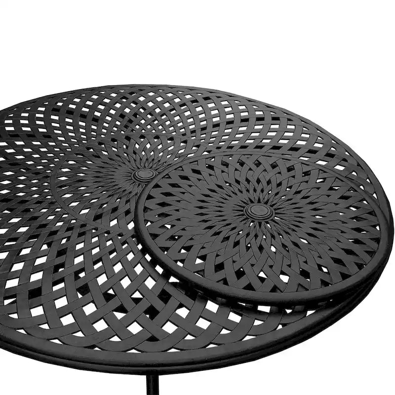 Modern Ornate Outdoor Mesh Aluminum 59-in Large Round Patio Dining Set with Lazy Susan and Six Chairs - N/A