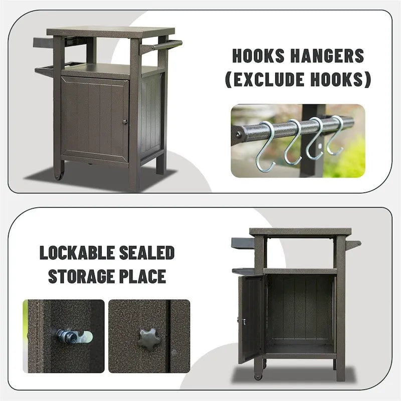 Grill Carts Outdoor w/ Storage and Wheels, Whole Metal Portable Table