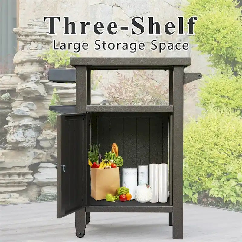 Grill Carts Outdoor w/ Storage and Wheels, Whole Metal Portable Table