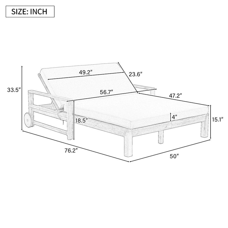 1-Piece Wooden Outdoor Daybed with Fabric Cushions