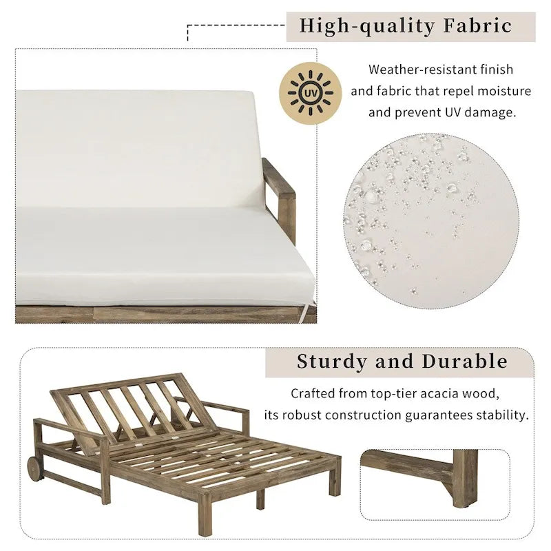 1-Piece Wooden Outdoor Daybed with Fabric Cushions