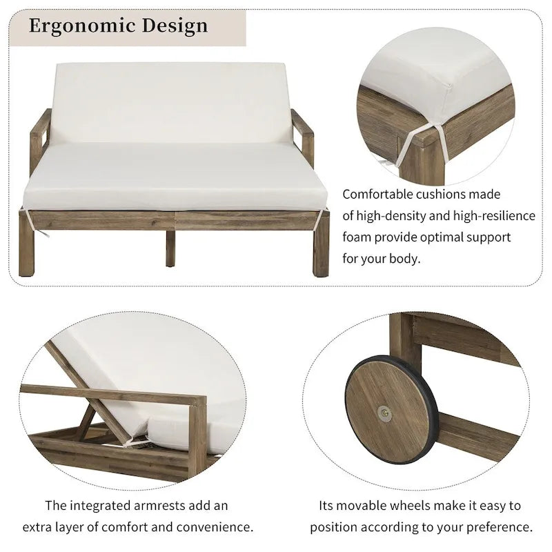 1-Piece Wooden Outdoor Daybed with Fabric Cushions