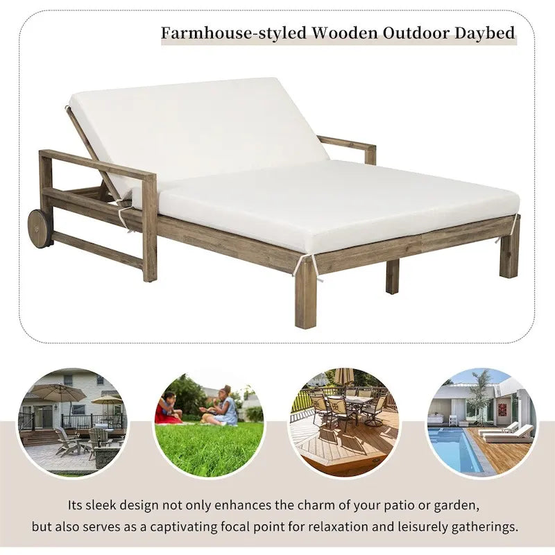 1-Piece Wooden Outdoor Daybed with Fabric Cushions