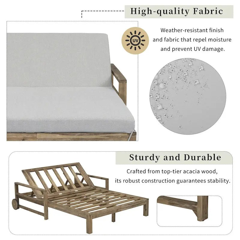 1-Piece Wooden Outdoor Daybed with Fabric Cushions