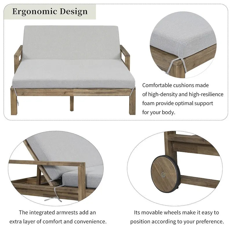 1-Piece Wooden Outdoor Daybed with Fabric Cushions