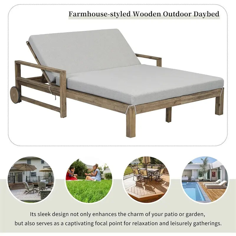 1-Piece Wooden Outdoor Daybed with Fabric Cushions