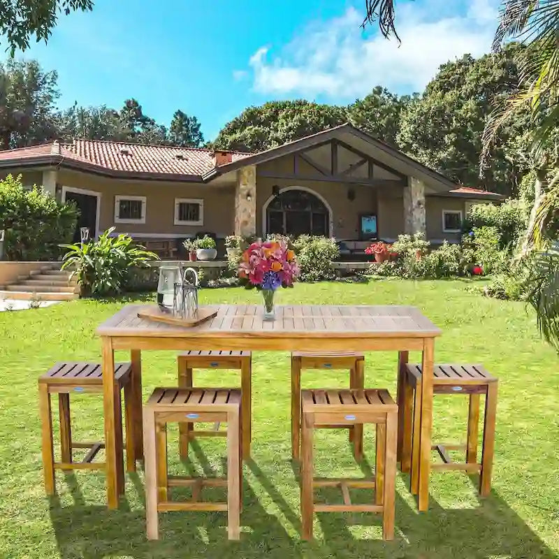 Chic Teak 7 Piece Teak Wood Antigua Patio Counter Height Bistro Set with 63  Rectangular Table and 6 Stools
