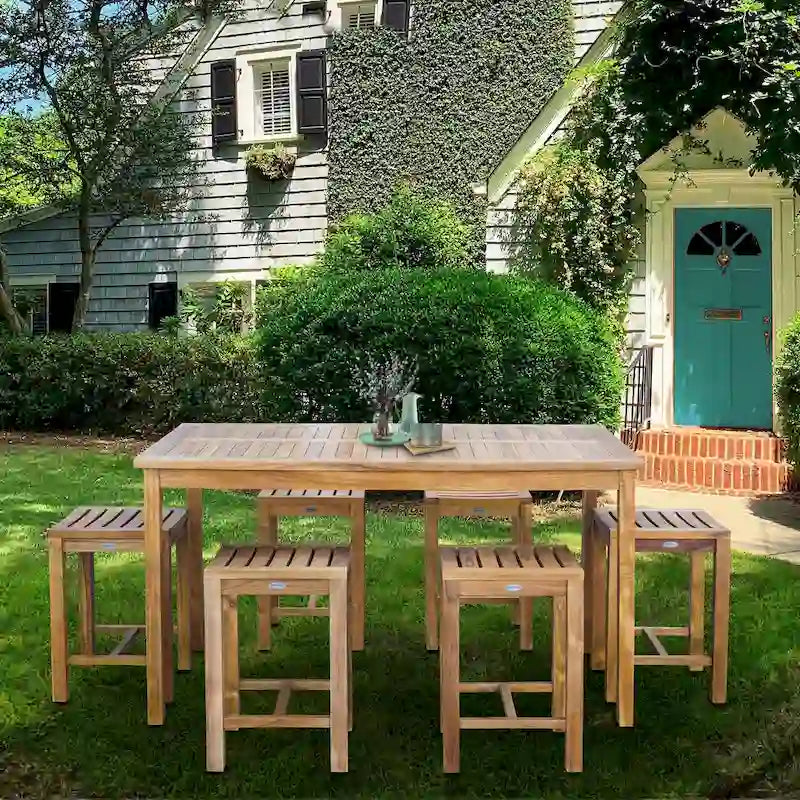 Chic Teak 7 Piece Teak Wood Antigua Patio Counter Height Bistro Set with 63  Rectangular Table and 6 Stools