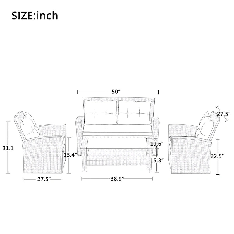 Wicker Outdoor Rattan Sofa Set with Coffee Table Patio Seats