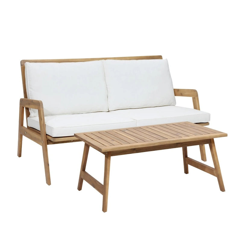 Outdoor Acacia Wood Seating Group, Coffee Table and Loveseat with Cushions