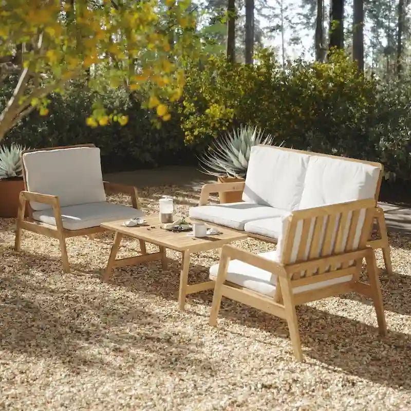 Outdoor Acacia Wood Seating Group, Coffee Table and Loveseat with Cushions